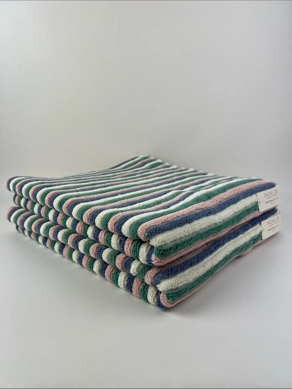 Rachel Zoe Striped Bath Towels Pastel Rainbow Pink Blue Cream Cotton 2 Pc NEW